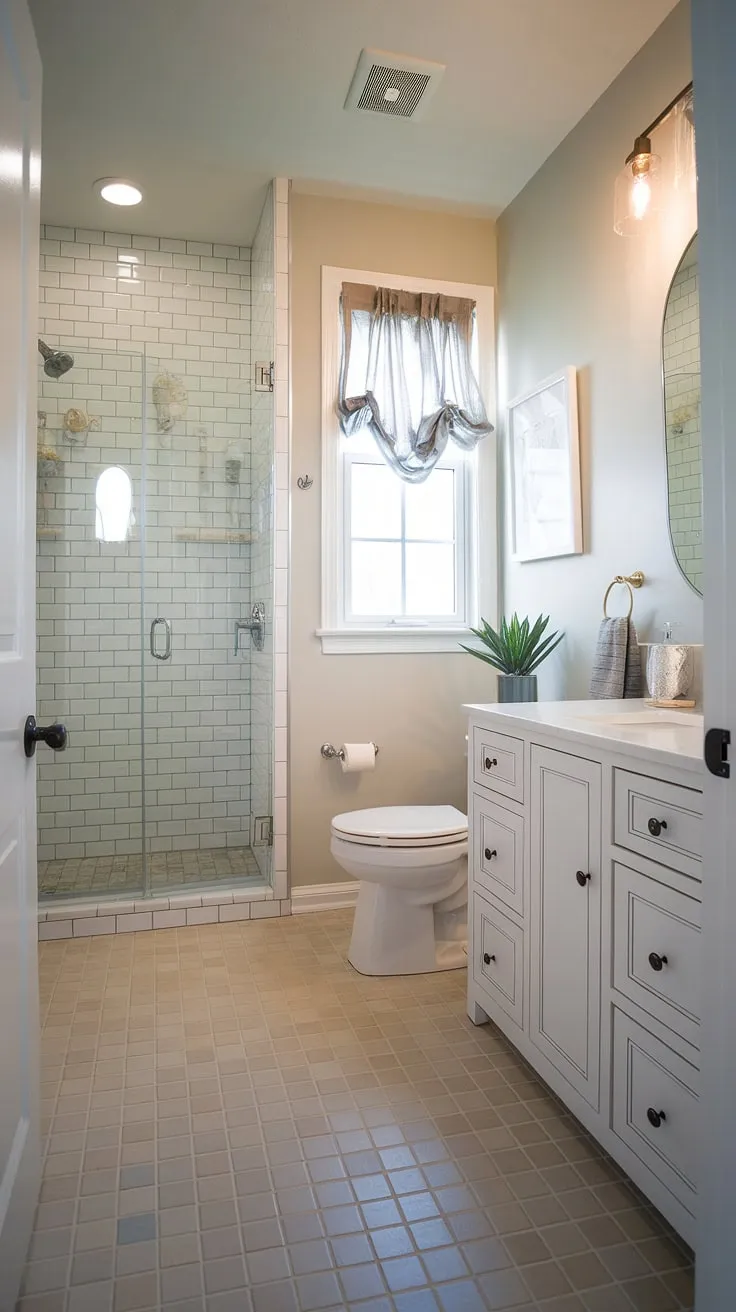 This small master bath proves that big style doesn't require big space. A stunning shower remodel and clever design elements transform this small bathroom design into a luxurious primary bath, brimming with chic bathrooms inspiration.