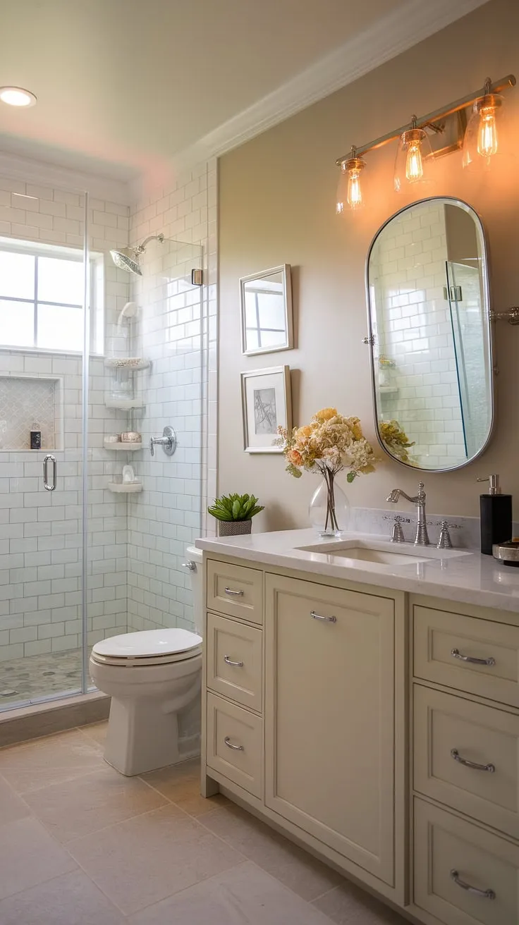 Transforming a small master bath into a chic primary bath retreat. This small bathroom design, complete with a stunning shower remodel, proves that big style comes in small packages. Bathroom inspiration decor at its finest.