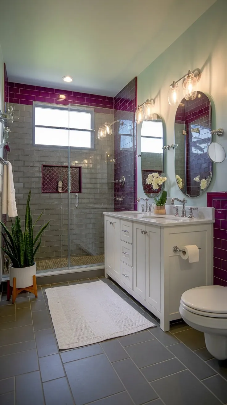 Maximize space and style in this small master bath. This small bathroom design features a stunning shower remodel with a glass-enclosed walk-in shower, a sleek double vanity, and a wall-hung toilet. The gray tile floor and white rug add a touch of elegance, making it the ultimate chic bathrooms inspiration.
