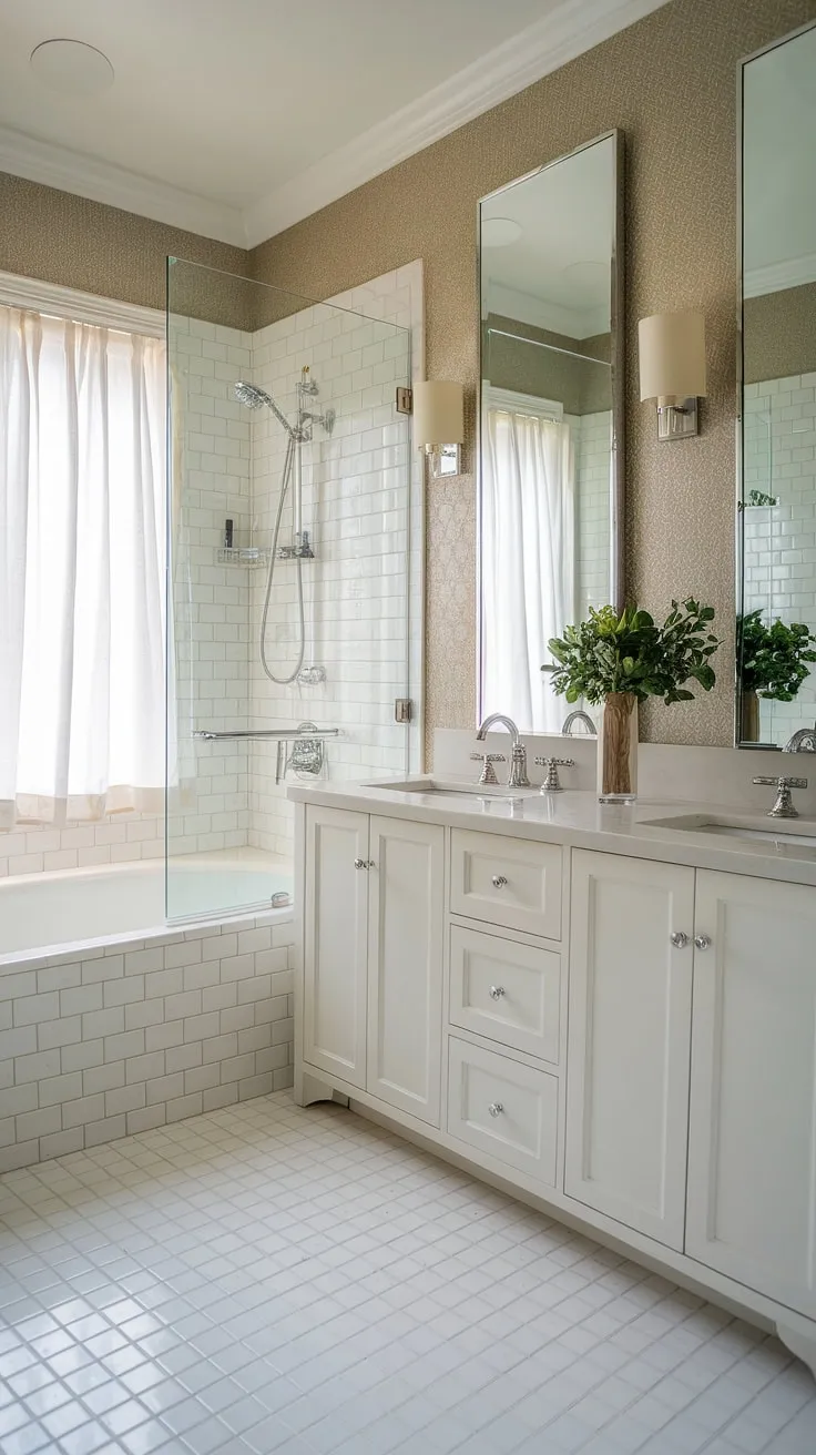 This chic small master bath boasts a stunning primary bath with a shower remodel featuring a glass-enclosed shower and a crisp white bathtub. The small bathroom design maximizes space with a double vanity, adding elegance to this bathroom inspiration decor. The subtle beige patterned walls and white tile flooring complete the sophisticated look.