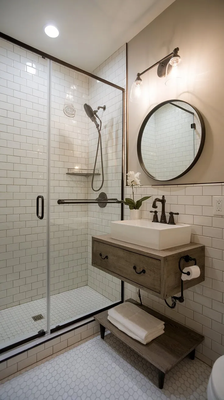 This small bathroom design proves that big style comes in small packages. A stunning shower remodel and thoughtful details transform this small master bath into a chic primary bath retreat.