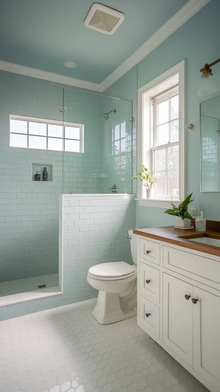 Maximize style, not space. This small bathroom design showcases how a small master bath can be transformed into a haven of serenity with a stunning shower remodel and clever use of light blue and wood tones. A perfect example of chic bathrooms and bathroom inspiration decor.