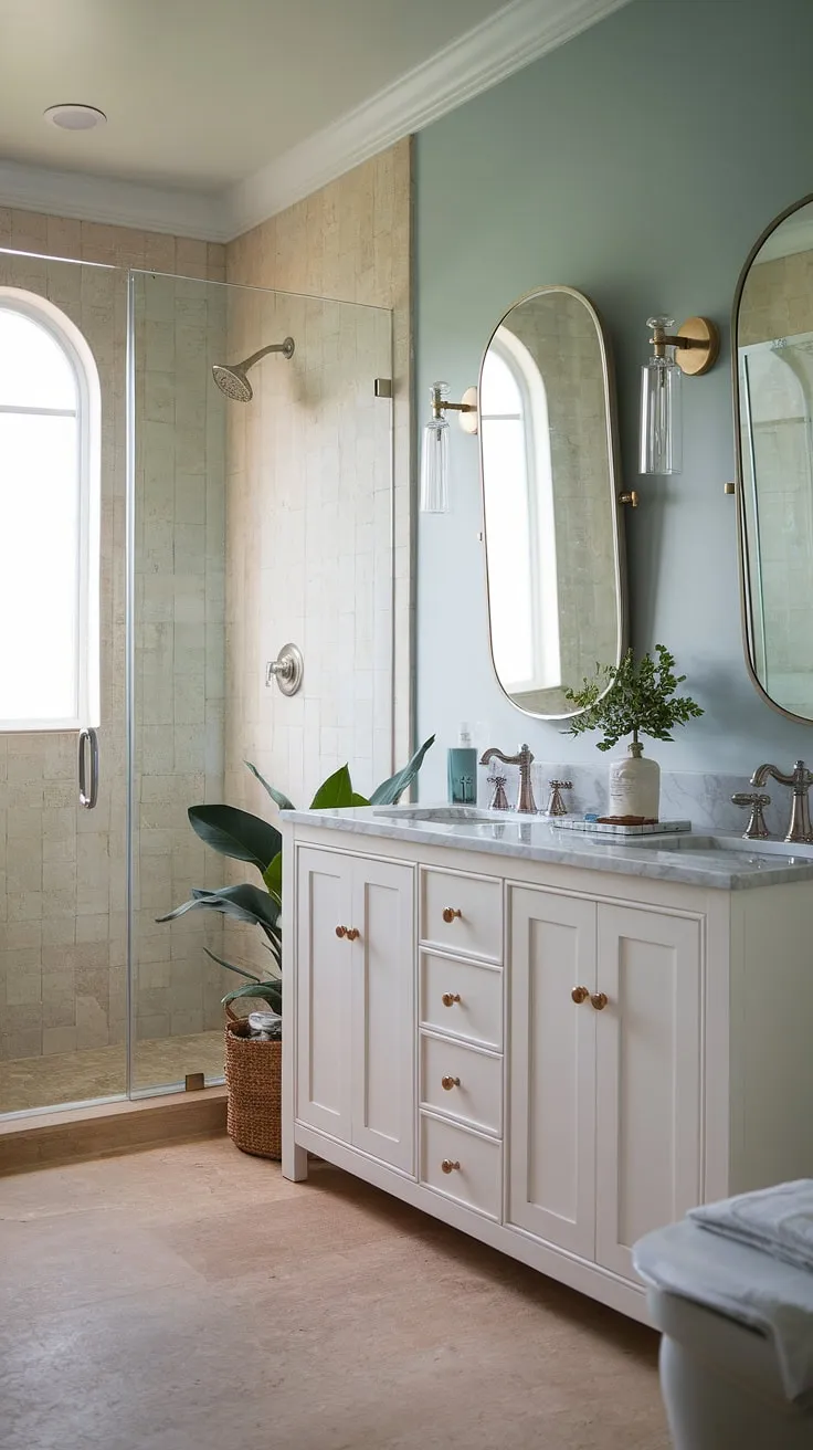 This small master bath, or primary bath as some prefer, proves that chic bathrooms can thrive even in limited spaces. The light blue walls and marble countertop create a sophisticated atmosphere, while the rainfall showerhead adds a touch of luxury to this successful small bathroom design. This shower remodel is a testament to maximizing style and functionality. The subtle lighting and added greenery complete the bathroom inspiration decor.