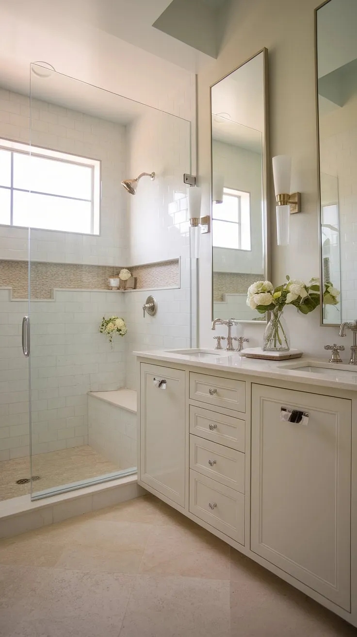 This small bathroom design proves that a small master bath can be both stunning and functional. The neutral palette and thoughtful layout make it a dream primary bath, offering plenty of bathroom inspiration decor for your own shower remodel.