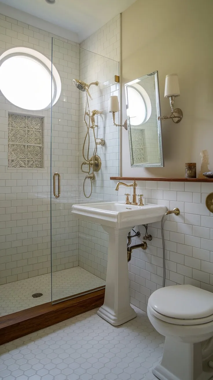 This small master bath, perfect for a primary bath, boasts a chic design that maximizes space. The shower remodel features decorative tiles and a glass door, while the vintage faucet on the pedestal sink adds a touch of elegance. The wall-mounted toilet further contributes to the clean lines of this small bathroom design, offering bathroom inspiration decor for even the smallest spaces.