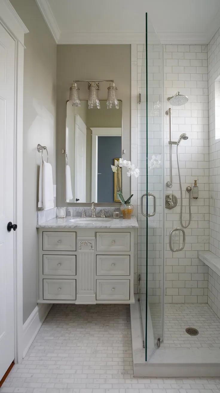 This small master bath boasts a chic design, maximizing space with a floating vanity and marble countertop. The light gray walls and white ceramic tile floor create a bright and airy feel, while the rainfall showerhead in the glass-enclosed shower completes the luxurious small bathroom design. This bathroom inspiration decor showcases how even a small space can be transformed with thoughtful planning. A perfect example of shower remodel success.