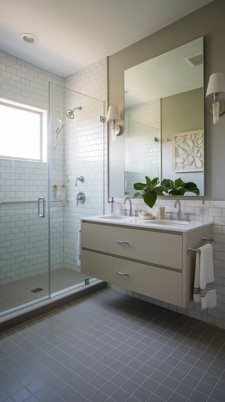 Small bathroom design doesn't have to mean sacrificing style. This chic primary bath proves it! The shower remodel is a standout feature in this small master bath, complemented by a sleek floating vanity and gray tile flooring. The minimalist decor and strategic use of lighting make it a haven of calm – perfect bathroom inspiration decor for your next project.