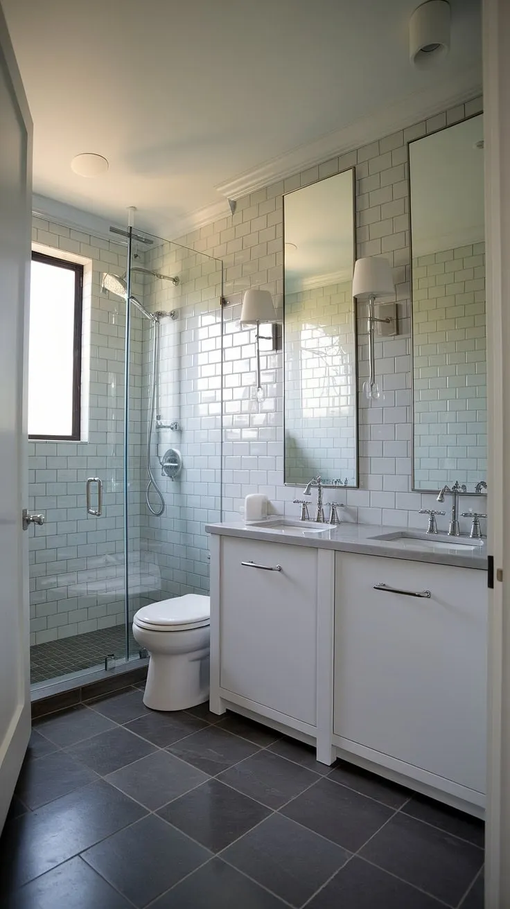 This chic small master bath boasts a stunning shower remodel, showcasing a sophisticated blend of light grey glossy wall tiles and dark grey matte floor tiles. The clever small bathroom design maximizes space with a modern, hidden-cistern toilet and a double vanity with ample mirrors, providing plenty of bathroom inspiration decor for a stylish primary bath.