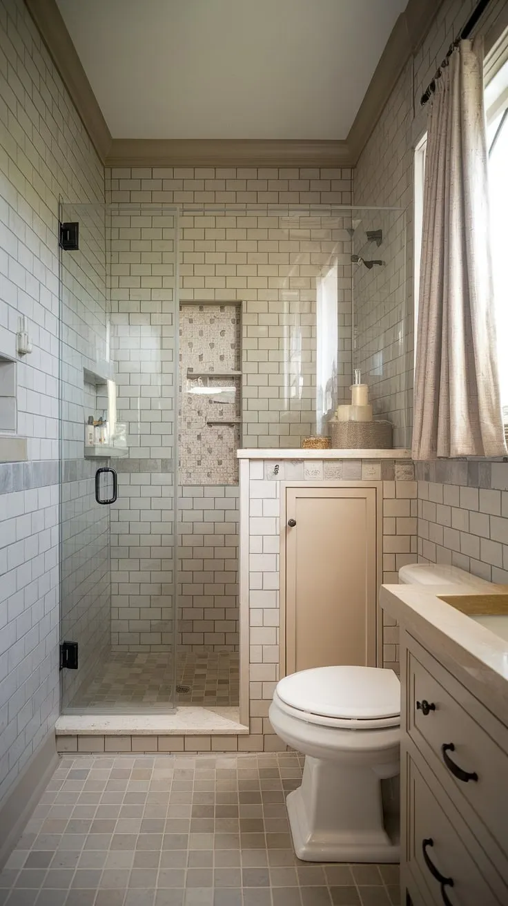 This small master bath, designed as a primary bath, showcases chic bathrooms at their finest. The clever small bathroom design maximizes space with a neutral beige and gray palette, complemented by a stylish shower remodel and subtle window treatments. Perfect bathroom inspiration decor for those seeking sophisticated simplicity.