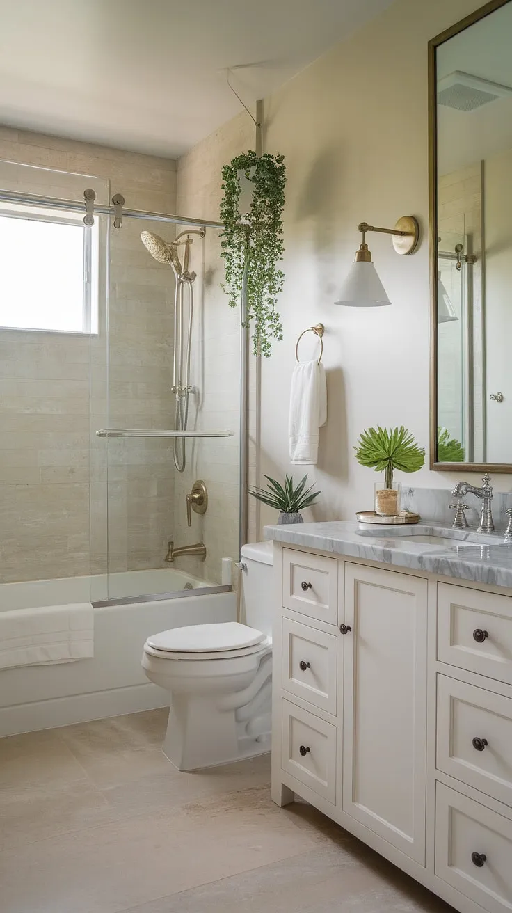 Maximize your small master bath's potential with this chic primary bath design. This small bathroom design showcases a successful shower remodel, highlighting a clean, minimalist aesthetic. The white vanity with marble countertop, white bathtub, and subtle green plant add to the spa-like ambiance, offering plenty of bathroom inspiration decor for your own remodel.