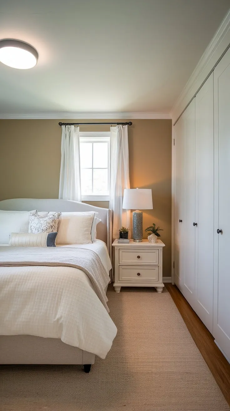 This small master bedroom exemplifies smart bedroom design. The neutral color scheme and strategic placement of furniture create a serene atmosphere. Simple yet stylish small bedroom decor, including a nightstand lamp and decorative accents, adds personality without overwhelming the space. Consider this a perfect example of successful bedroom remodeling in a small footprint, showcasing effective home decor solutions for a main bedroom.
