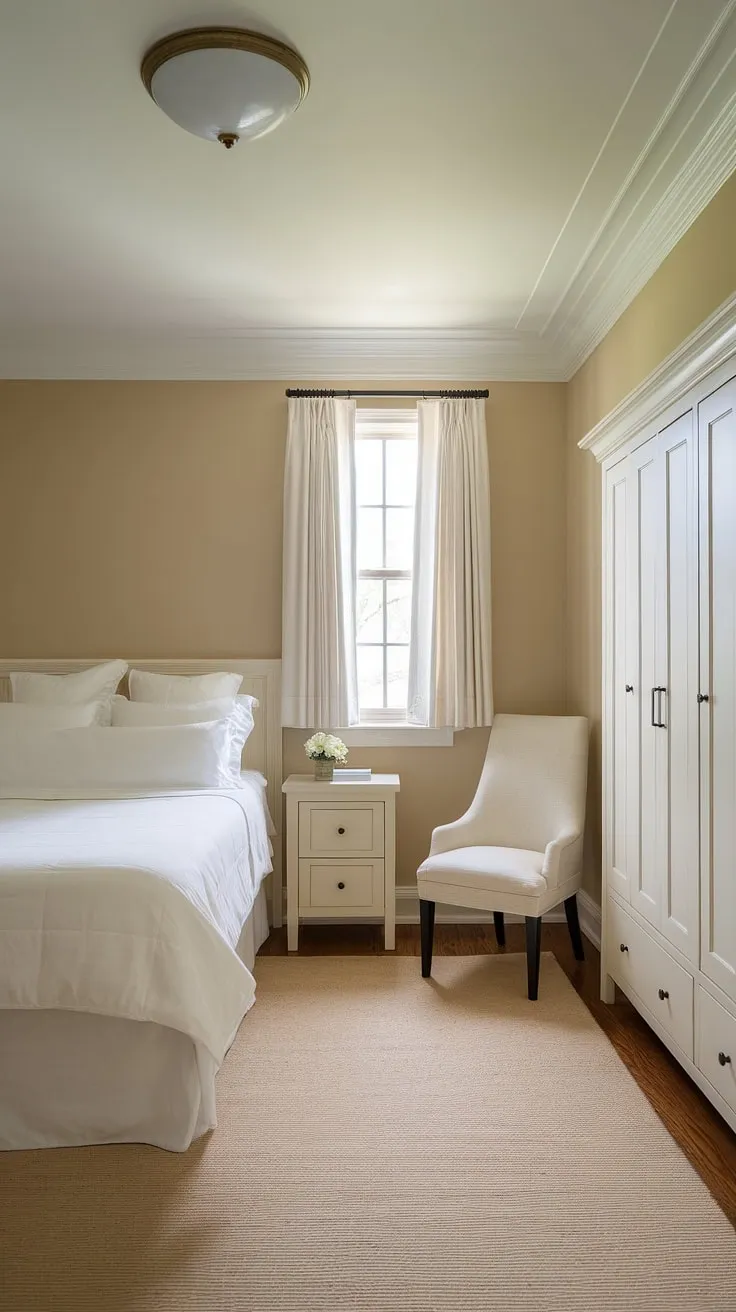 This small master bedroom boasts a serene atmosphere achieved through thoughtful master bedroom decor. The white furniture, including the master bed and wardrobe, maximizes space, while the beige walls and rug create a calming backdrop. This small bedroom decor showcases how effective bedroom design can be even in limited square footage. Perfect inspiration for bedroom remodeling or anyone looking for home decor ideas for a main bedroom.