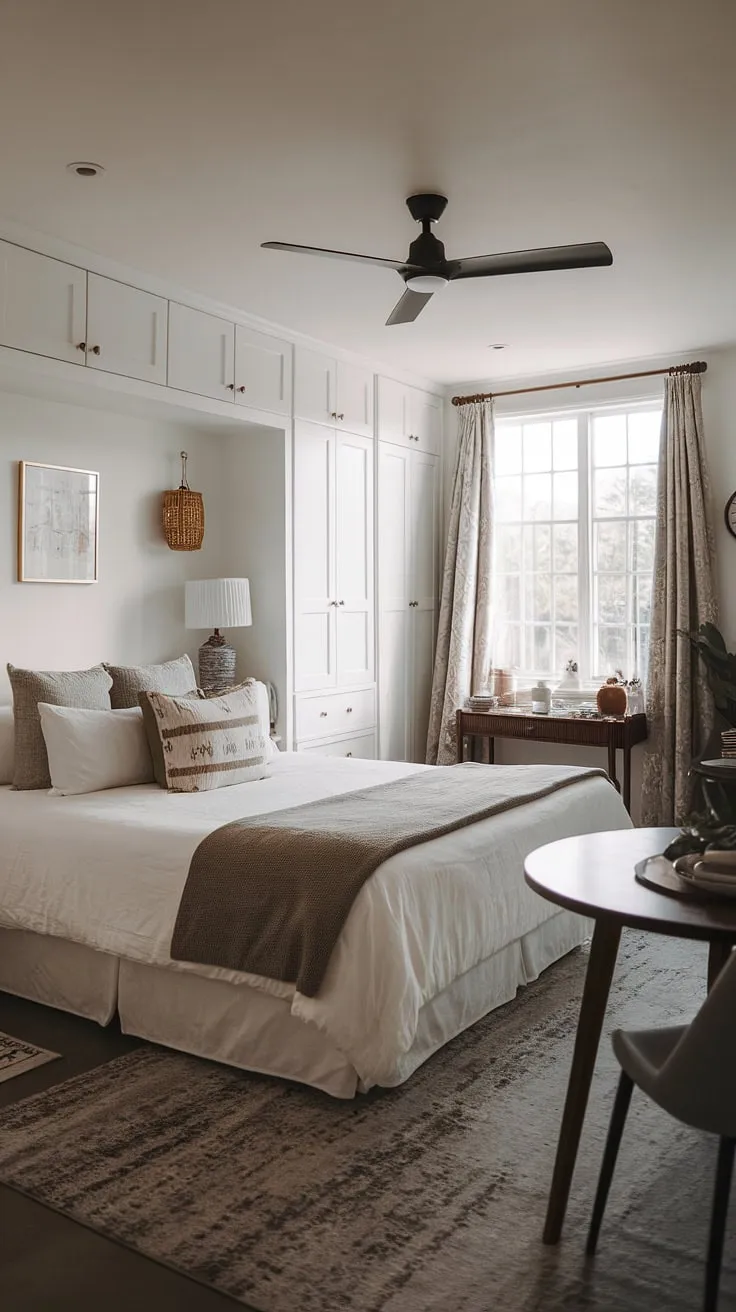 Maximize space and style in this small master bedroom. Clever bedroom design and small bedroom decor choices create a relaxing main bedroom retreat, showcasing how even a small space can boast a luxurious master bed and thoughtful home decor.
