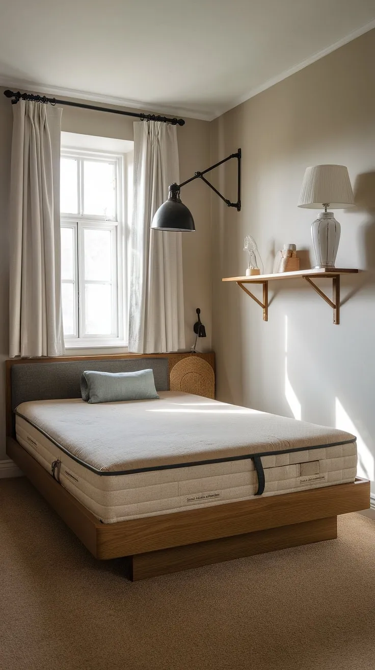 Cozy and inviting, this small master bedroom boasts a calming atmosphere achieved through thoughtful master bedroom decor. The queen-size master bed, simple wooden frame, and beige carpet create a serene space, perfect for relaxation. Smart small bedroom decor choices, like the floating shelf and wall-mounted lamp, maximize space without compromising style. This bedroom design is a testament to how effective bedroom remodeling can be, even in a small space. The light grey walls and white curtains further enhance the airy feel, making it a true haven. This home decor showcases how a little attention to detail can transform a main bedroom.