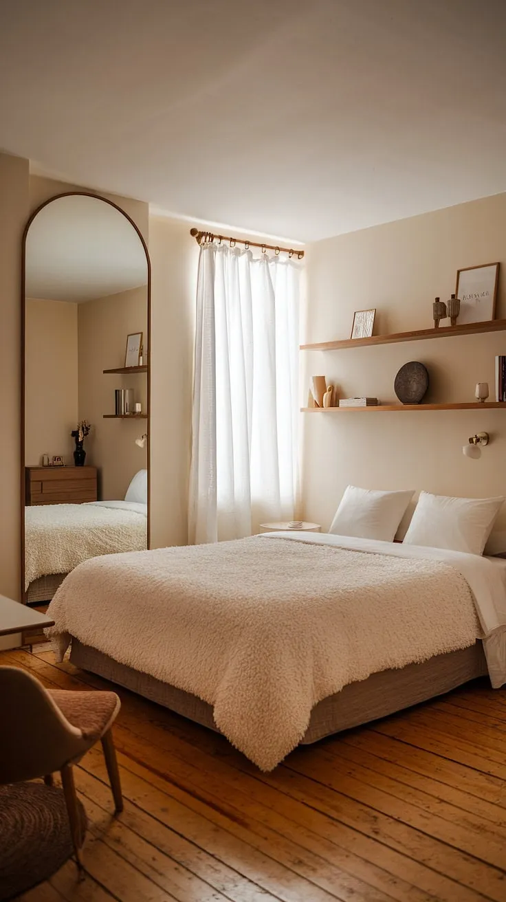 Cozy and functional small master bedroom design. This master bedroom decor showcases how effective minimalist home decor can be, even in a small space. The warm ambiance and thoughtful bedroom remodeling create a relaxing main bedroom retreat. The master bed is the focal point, complemented by simple yet stylish furniture and a strategically placed mirror to maximize the feeling of space. This small bedroom decor proves that big style doesn't require a big room.