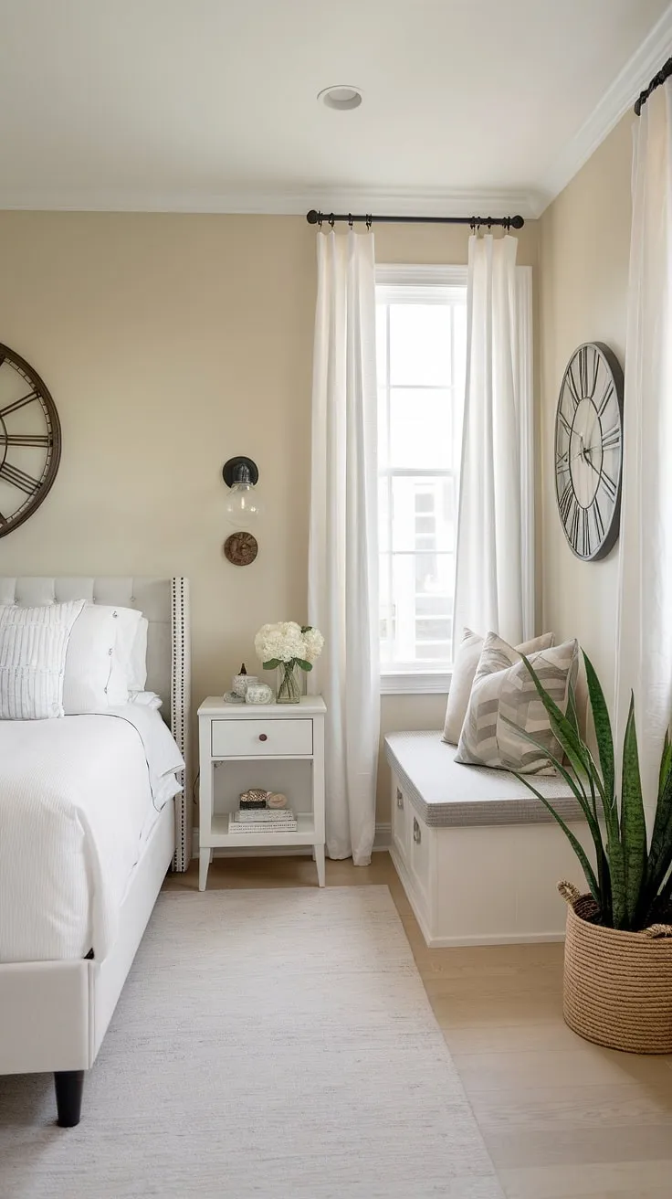 This small master bedroom boasts a cozy and functional design. The master bed, dressed in crisp white linens, anchors the space, while a small seating area and thoughtfully chosen home decor, including a statement clock and a touch of greenery, add personality. This bedroom design is perfect for those seeking inspiration for small bedroom decor or master bedroom decor, showcasing how effective bedroom remodeling can be even in limited square footage. The light wood flooring and soft beige walls create a calming atmosphere.