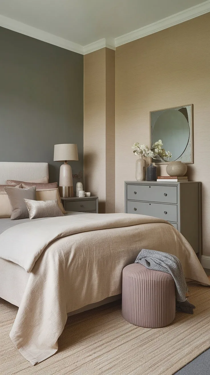 This small master bedroom boasts a serene and sophisticated design. The neutral beige and grey color palette, complemented by a cozy beige rug and grey chest of drawers, maximizes the space. Clever master bedroom decor choices, like the strategically placed mirror and lamp, add personality without overwhelming the room. This successful bedroom remodeling project showcases how effective small bedroom decor can be in creating a relaxing main bedroom retreat. The master bed, perfectly sized for the room, anchors the design.