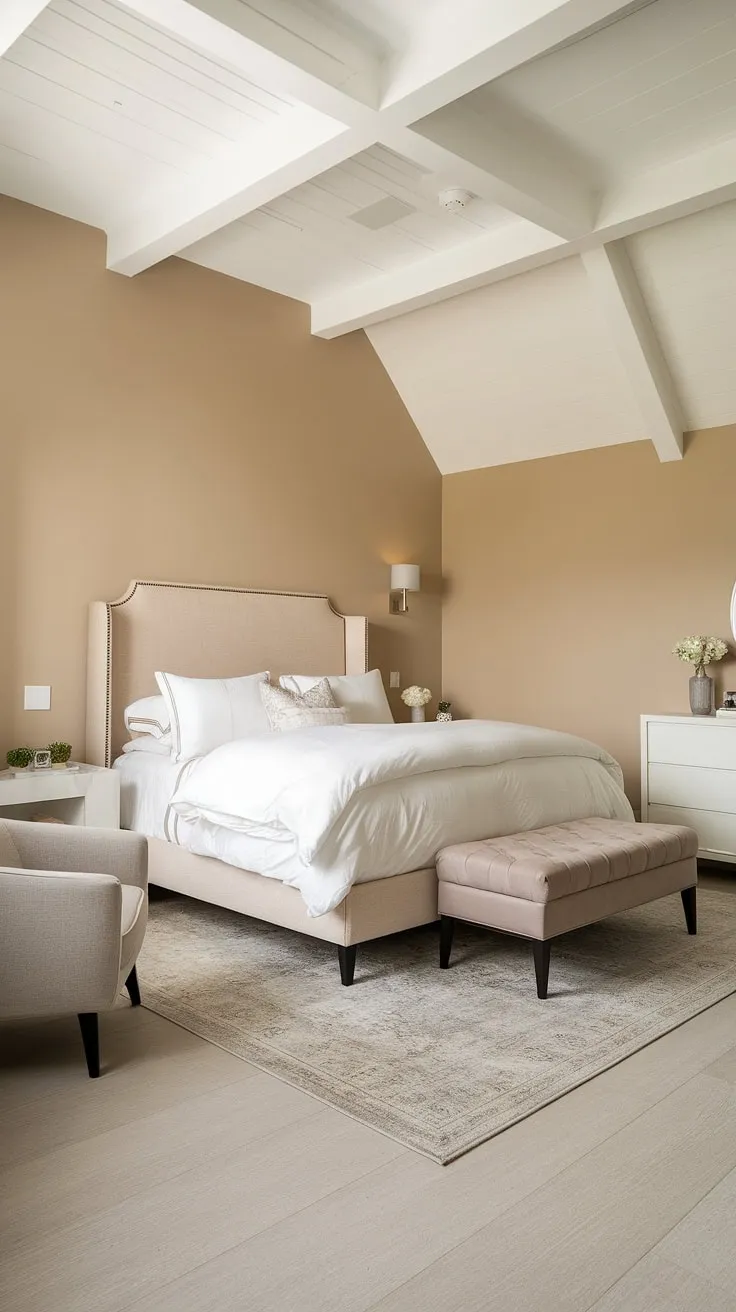 Creating a tranquil retreat in a small space: this main bedroom's design proves that less is more. The small bedroom decor features a neutral color scheme, with beige walls and light gray floors, highlighting the plush white bedding on the master bed. A simple white dresser and a gray chair complete the look, showcasing smart solutions for small master bedroom design. This bedroom remodeling project is a testament to the power of thoughtful home decor in maximizing space and creating a calming atmosphere.