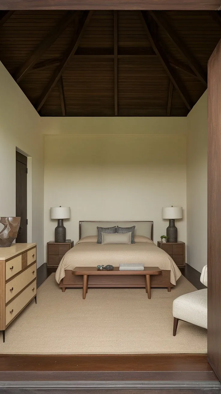 A charming example of small bedroom decor, this main bedroom's design maximizes space and style. The dark brown wooden ceiling adds warmth and character, while the beige walls and area rug create a sense of calm. The master bed is the focal point, its medium brown wood tone echoing the nightstands and dresser. This master bedroom decor is a beautiful illustration of how effective home decor can be in transforming a small space into a comfortable and inviting sanctuary. Consider this a perfect inspiration for your next bedroom remodeling project.