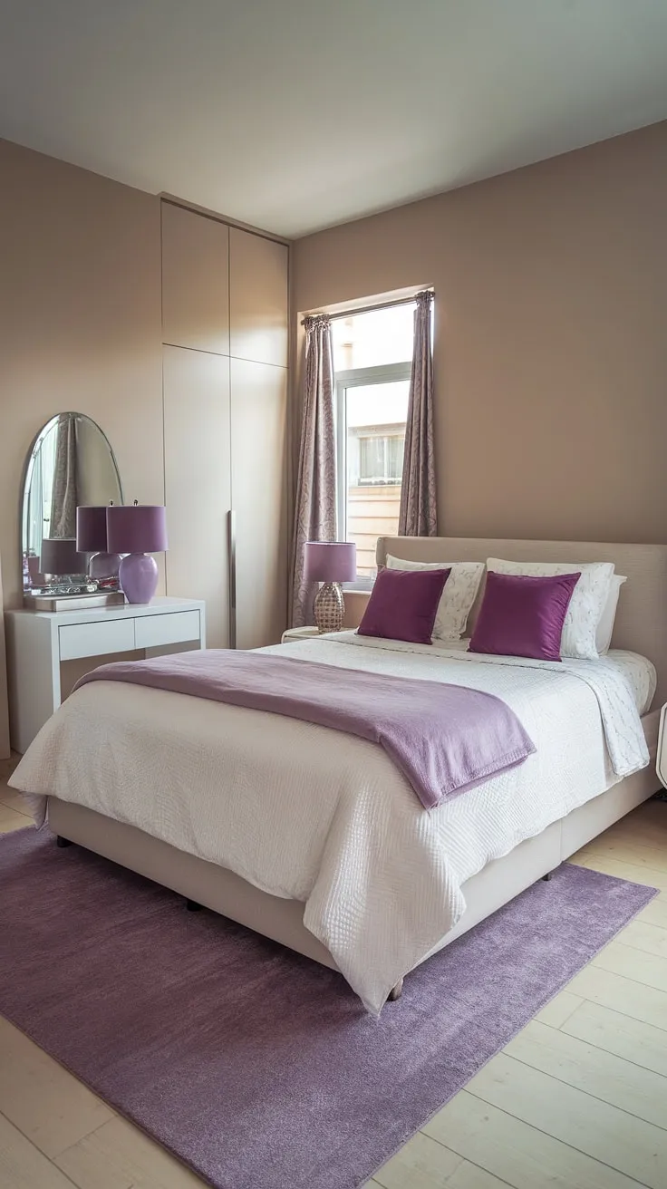 This small master bedroom boasts a surprisingly spacious feel thanks to thoughtful master bedroom decor and smart bedroom design choices. The neutral color palette and light wood flooring create a sense of calm, while pops of purple add personality. This bedroom remodeling project demonstrates how effective home decor can be in transforming a small space. The king-size master bed is the centerpiece, complemented by a simple yet elegant dresser and mirror. The purple rug and blankets add warmth and texture, completing this charming and functional main bedroom.