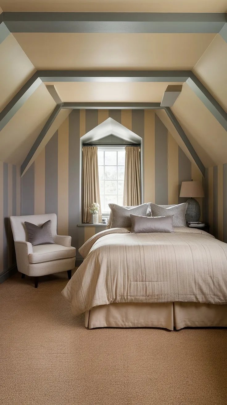 This small master bedroom boasts a serene and sophisticated design. The beige and grey color palette, complemented by striped wallpaper and subtle grey accents, creates a calming atmosphere. The master bed, perfectly sized for the space, is dressed in soft beige linens and grey pillows. A cozy armchair adds a touch of elegance, showcasing thoughtful small bedroom decor and bedroom design choices. This bedroom remodeling project is a testament to maximizing space and style in a main bedroom. The overall effect is a tranquil and inviting home decor scheme.