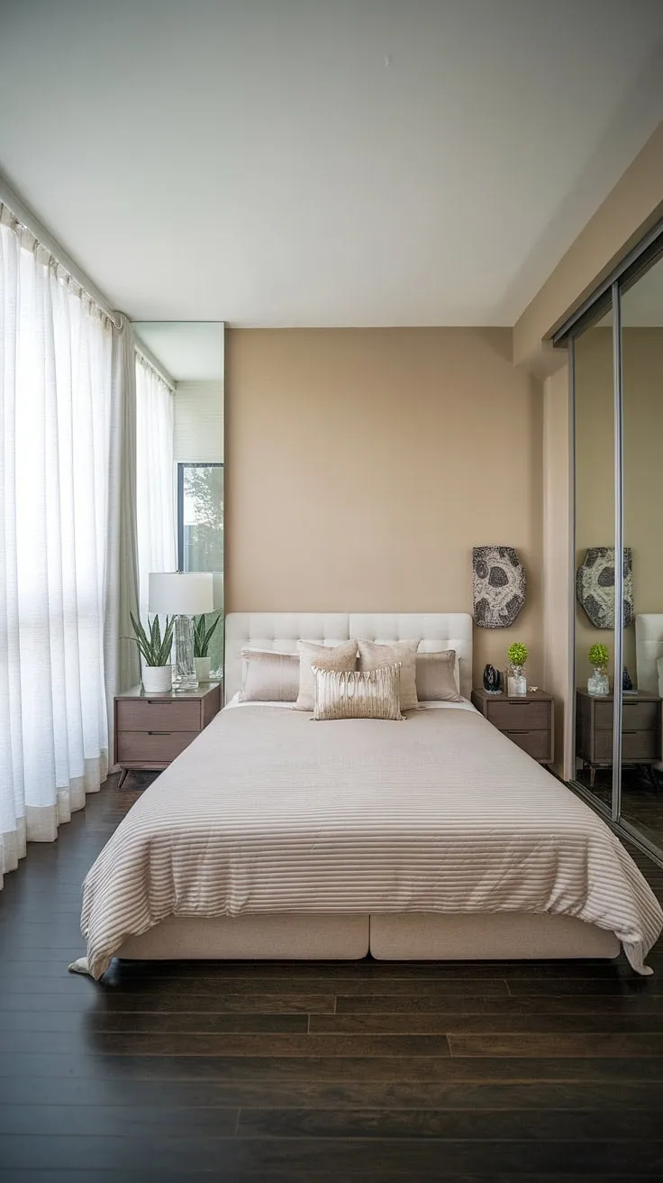 This small master bedroom, or main bedroom, is a testament to clever bedroom design. A king-size master bed anchors the room, flanked by nightstands with lamps and a touch of greenery. Despite its compact size, the room feels open and inviting thanks to the large window, mirrored wall, and carefully chosen master bedroom decor. This home decor scheme is a perfect example of maximizing space and style during a bedroom remodeling project, proving that small bedroom decor can be incredibly impactful.