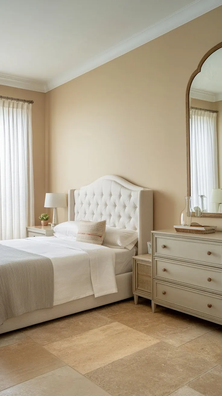 This small master bedroom boasts a cozy and functional design. The neutral beige walls and tiled floors create a calming atmosphere, while the queen-size master bed, dresser with a large mirror, and nightstand offer ample storage and style. This successful bedroom remodeling project showcases smart small bedroom decor and master bedroom decor ideas, perfect for those seeking inspiration for their own main bedroom design and home decor projects.
