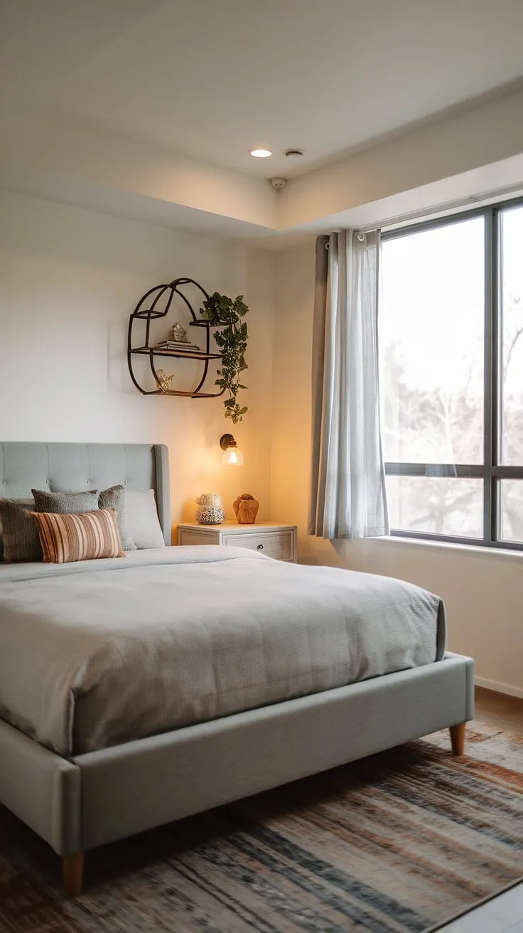 Cozy and functional, this small master bedroom boasts a calming gray master bed, complemented by thoughtful master bedroom decor. The clever bedroom design maximizes space, showcasing smart small bedroom decor ideas perfect for bedroom remodeling. A large window floods the main bedroom with natural light, enhancing the warm ambiance. The decorative shelf with a plant adds a touch of home decor.