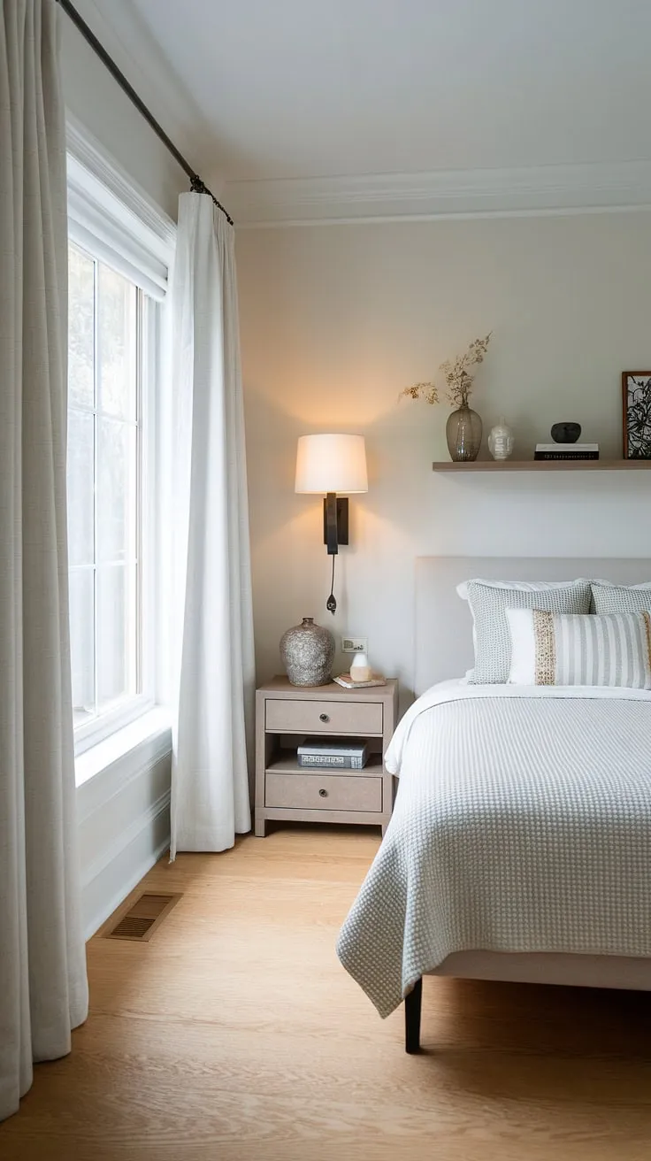 Maximize space and style in your small master bedroom. This bedroom design showcases clever small bedroom decor and a comfortable master bed, perfect for main bedroom inspiration.