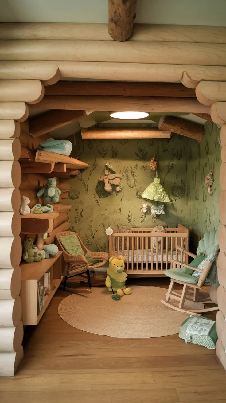 Step into this enchanting small nursery room, a whimsical blend of woodland baby nursery and green Winnie the Pooh nursery themes.  Log cabin nursery ideas come to life in this cozy forest theme baby nursery, complete with wooden shelves, a rocking chair, and a crib nestled amongst stuffed animals.  The wilderness baby nursery feel is perfectly complemented by the wilderness theme nursery wallpaper.