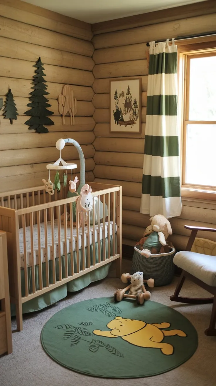 Snuggled in this small nursery room, a woodland baby nursery dream unfolds.  The log cabin nursery ideas create a cozy wilderness theme nursery, complete with a forest theme baby nursery mobile and a green Winnie the Pooh nursery rug. This wilderness baby nursery is the perfect blend of rustic charm and whimsical woodland creatures.
