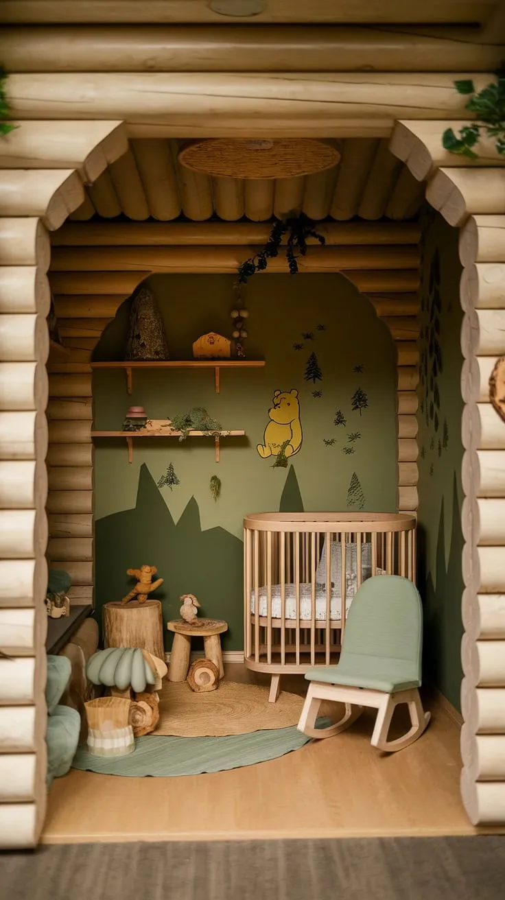 This charming, small nursery room is a whimsical wilderness theme nursery, a true forest theme baby nursery.  The log cabin nursery ideas are beautifully realized in this wood themed nursery, creating a peaceful woodland baby nursery.  Soft lighting and a green Winnie the Pooh nursery theme complete this idyllic baby nursery woodland theme.