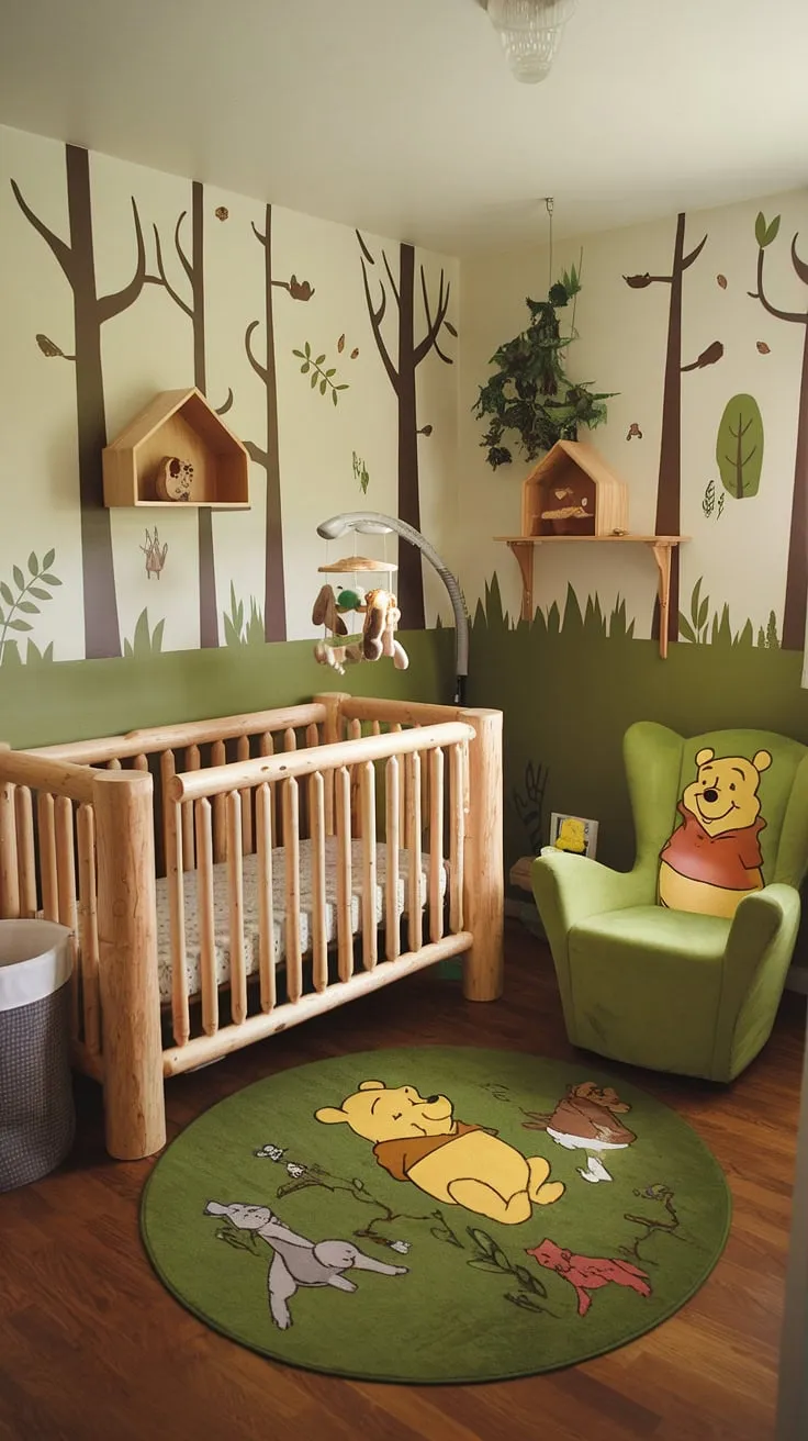 This green Winnie the Pooh nursery is a delightful example of a baby nursery woodland theme.  The small nursery room is transformed into a captivating forest theme baby nursery with its log cabin crib, wooden shelves, and charming woodland creatures mobile.  Perfect log cabin nursery ideas for a cozy and whimsical wilderness baby nursery.