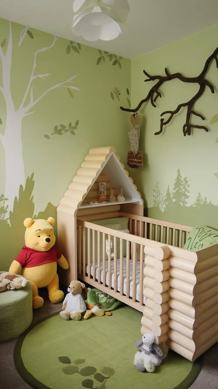 Step into this enchanting small nursery room, a woodland baby nursery dream come true.  The forest theme baby nursery, complete with a log cabin crib and a whimsical Winnie the Pooh, creates a cozy wilderness baby nursery haven.  This wood themed nursery, painted in a calming green, offers log cabin nursery ideas perfect for a little one's peaceful slumber.  A wilderness theme nursery doesn't get more charming than this.