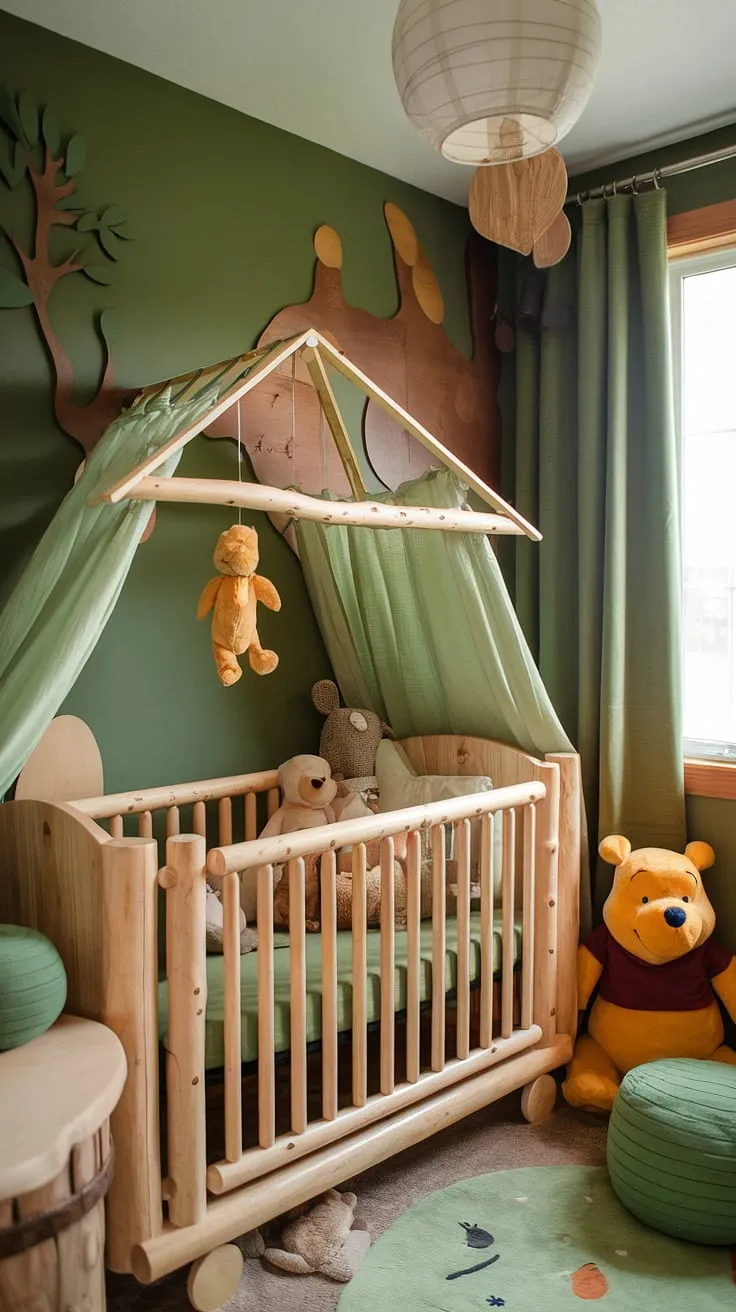 Step into this cozy, small nursery room, a whimsical woodland baby nursery brimming with a forest theme baby nursery charm.  The green Winnie the Pooh nursery design, complete with log cabin nursery ideas and a wood themed nursery aesthetic, creates a wilderness baby nursery feel, perfect for sweet dreams in this wilderness theme nursery.  Every detail, from the wooden mobile to the cuddly Winnie the Pooh, speaks to a baby nursery woodland theme.