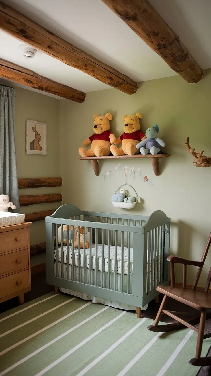 Step into this enchanting small nursery room, a woodland baby nursery dream come true.  The forest theme baby nursery, complete with a green Winnie the Pooh crib and log cabin nursery ideas, creates a cozy wilderness baby nursery haven.  Every detail, from the wood-themed nursery furniture to the stuffed friends on the shelf, whispers of whimsical wilderness theme nursery adventures.