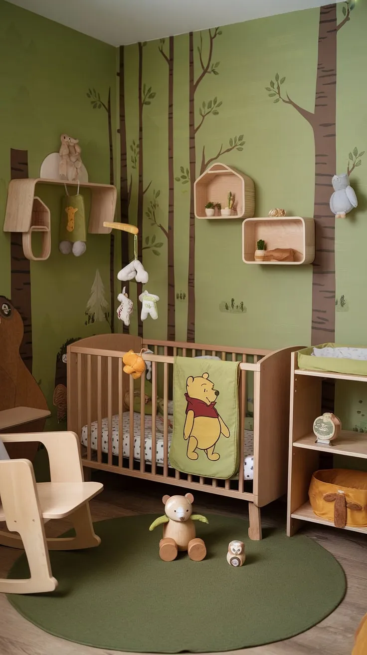 Step into this enchanting small nursery room, a woodland baby nursery dream come true.  The green Winnie the Pooh wallpaper sets the scene for this wood-themed nursery, complete with a charming wooden crib and changing table, perfectly embodying log cabin nursery ideas.  Forest theme baby nursery decor, including a whimsical mobile and stuffed animals, completes this wilderness baby nursery, a wilderness theme nursery fit for a little adventurer.