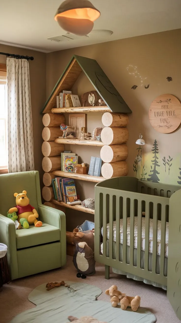 Welcome to this enchanting small nursery room, a baby nursery woodland theme brought to life.  A green Winnie the Pooh nursery set anchors this forest theme baby nursery, while log cabin nursery ideas, such as the charming bookshelf, create a warm and inviting wilderness baby nursery atmosphere. This wood themed nursery is the perfect blend of whimsy and woodland wonder.