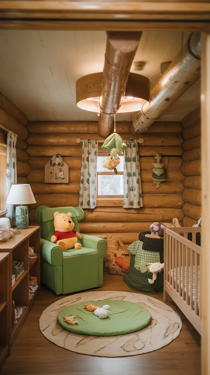 Step into this enchanting small nursery room, a woodland baby nursery dream come true.  The forest theme baby nursery, complete with a wood themed nursery aesthetic and log cabin nursery ideas, is brought to life with a charming green Winnie the Pooh motif.  Every detail, from the Winnie the Pooh mobile to the cozy blanket, creates a wilderness baby nursery haven perfect for sweet dreams.