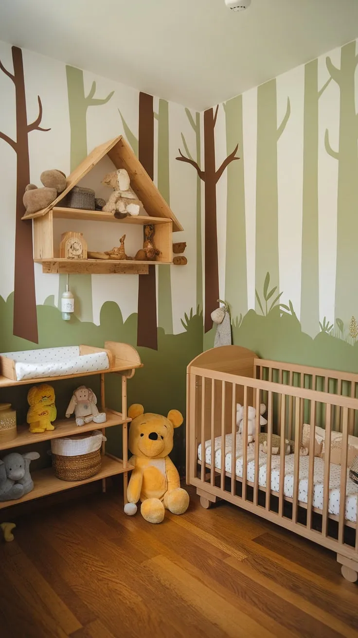 Step into this enchanting small nursery room, a whimsical blend of green Winnie the Pooh nursery charm and rustic log cabin nursery ideas.  The forest theme baby nursery, complete with wood-themed nursery furniture and wilderness theme nursery decor, creates a cozy woodland baby nursery haven.  Every detail, from the wood flooring to the wilderness baby nursery accents, whispers of adventure and sweet dreams.