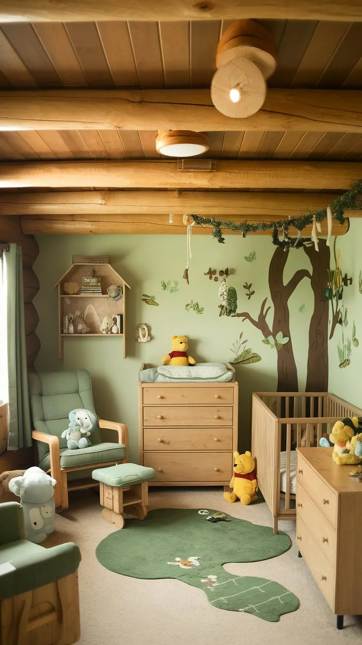 This charming log cabin nursery ideas showcases a delightful green Winnie the Pooh nursery, transforming a small nursery room into a captivating forest theme baby nursery.  The wood themed nursery, with its wilderness baby nursery feel, is a perfect example of a baby nursery woodland theme, offering a peaceful wilderness theme nursery retreat for your little one.