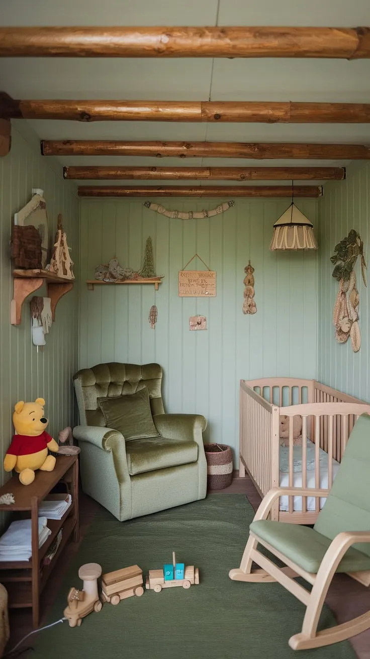 Welcome to this cozy and captivating forest theme baby nursery.  This small nursery room, designed with a wood-themed nursery aesthetic and log cabin nursery ideas in mind, offers a tranquil wilderness baby nursery experience.  The green Winnie the Pooh nursery element adds a playful touch to this wilderness theme nursery, while the wooden crib and rocking chair complete the baby nursery woodland theme.