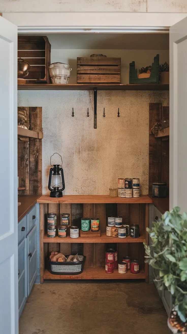 This small pantry, a testament to a successful pantry remodel, boasts charming farmhouse pantry decor.  The DIY kitchen renovation transformed this tiny pantry room into a cozy and functional space, brimming with rustic charm.