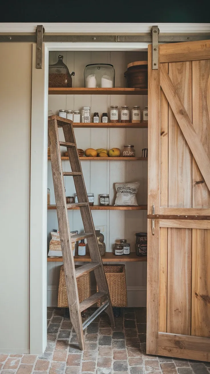 This pantry room transformation is pure farmhouse pantry magic!  Our small pantry received a complete pantry makeover, showcasing the beauty of a simple pantry remodel.  The beige paint and wooden shelving create a cozy atmosphere, while the carefully arranged ingredients and vintage ladder complete the perfect pantry decor.  A DIY kitchen renovation doesn't get much better than this.