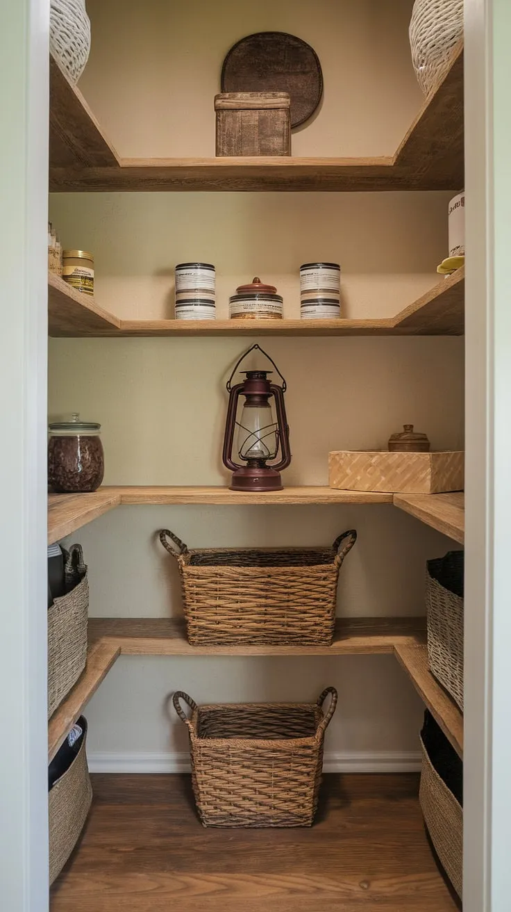 This small pantry, a testament to a successful pantry remodel, boasts charming farmhouse pantry decor.  The DIY kitchen renovation transformed this tiny pantry room into a functional and aesthetically pleasing house pantry, complete with rustic shelves and vintage accents.