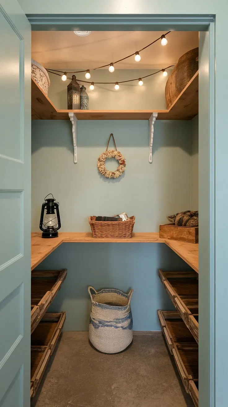 This small pantry's farmhouse charm is the result of a delightful pantry remodel.  The DIY kitchen renovation included simple touches like fairy lights and a wooden crate, transforming this tiny pantry room into a cozy and functional house pantry, showcasing the perfect pantry decor.