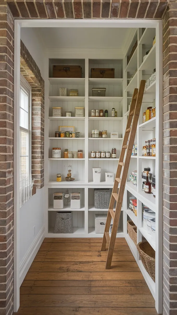 This small pantry, a testament to a successful pantry remodel, boasts charming farmhouse pantry decor.  The DIY kitchen renovation transformed this tiny pantry room into a functional and aesthetically pleasing space, complete with a rustic wooden ladder for easy access to higher shelves.