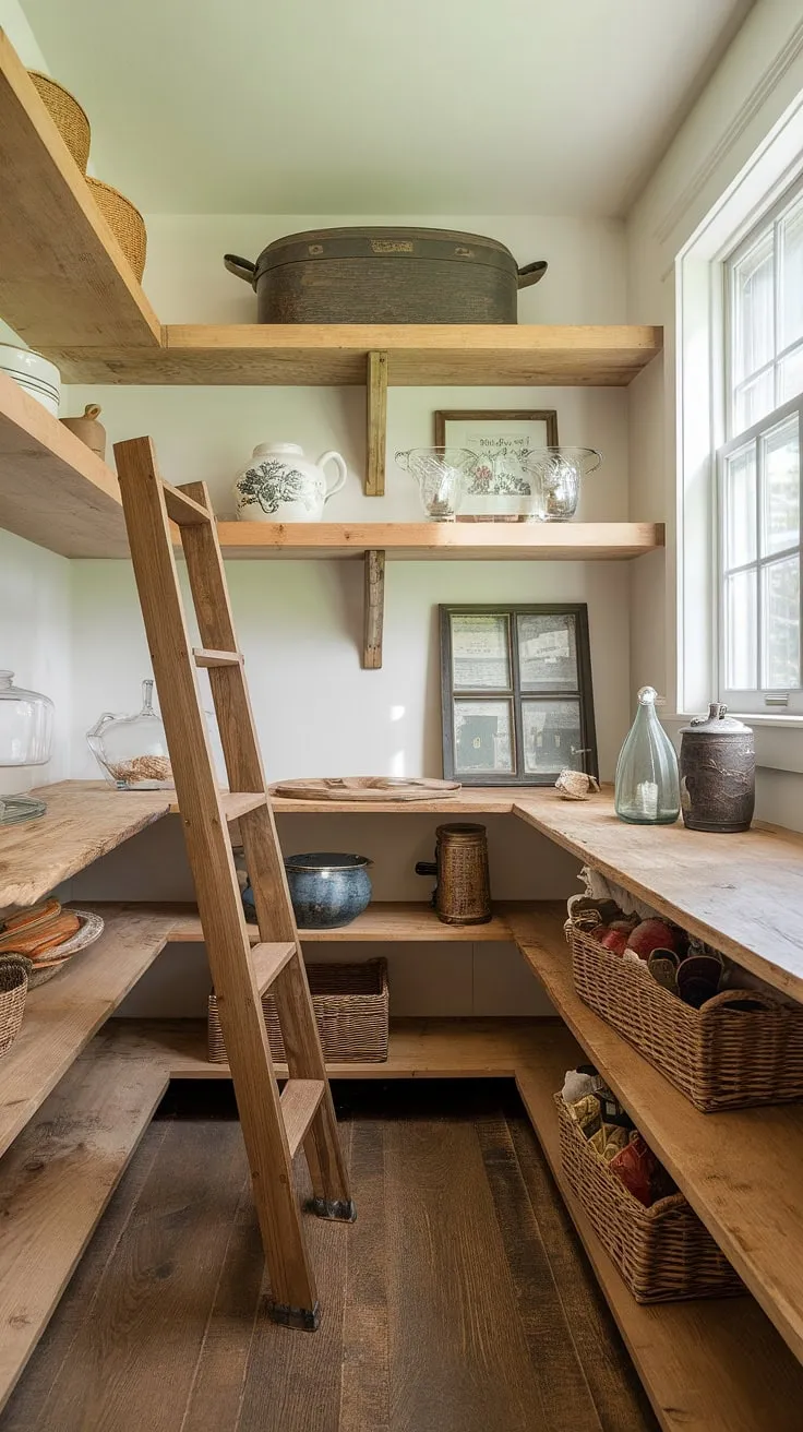 This small pantry, a testament to a successful pantry remodel, boasts charming farmhouse pantry decor.  The DIY kitchen renovation transformed this tiny space into a functional and aesthetically pleasing pantry room, complete with rustic wooden shelves and a vintage feel.