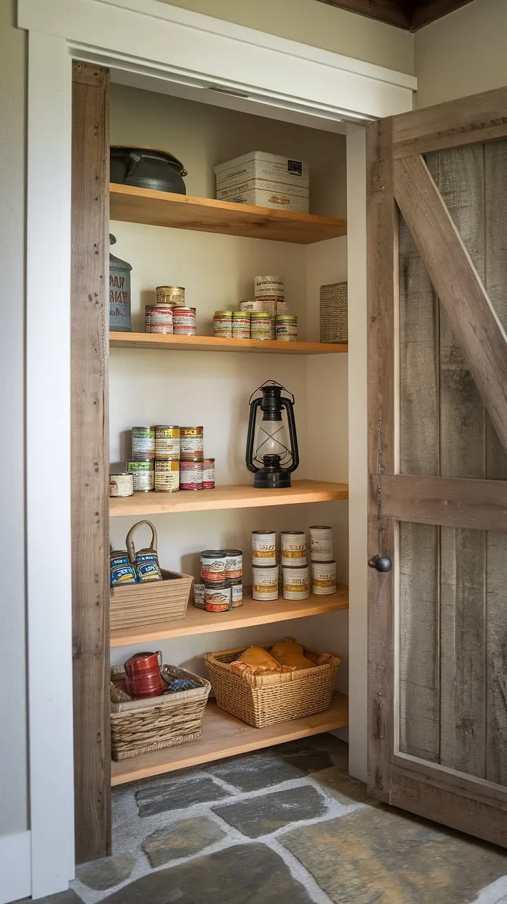 This small pantry, a testament to a successful pantry remodel, boasts charming farmhouse pantry decor.  The DIY kitchen renovation transformed this tiny pantry room into a functional and aesthetically pleasing house pantry, complete with rustic shelving and a touch of vintage charm.