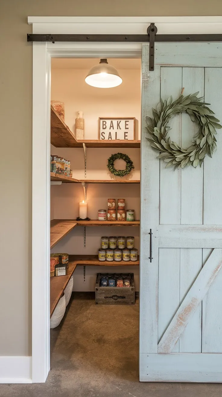 Our house pantry makeover is complete! This farmhouse pantry, achieved with a little pantry decor and a lot of love, proves that even a small pantry can be a stunning feature.  The light blue paint and rustic wooden door perfectly complement the pantry room's overall charm, a true reflection of our DIY kitchen renovation.